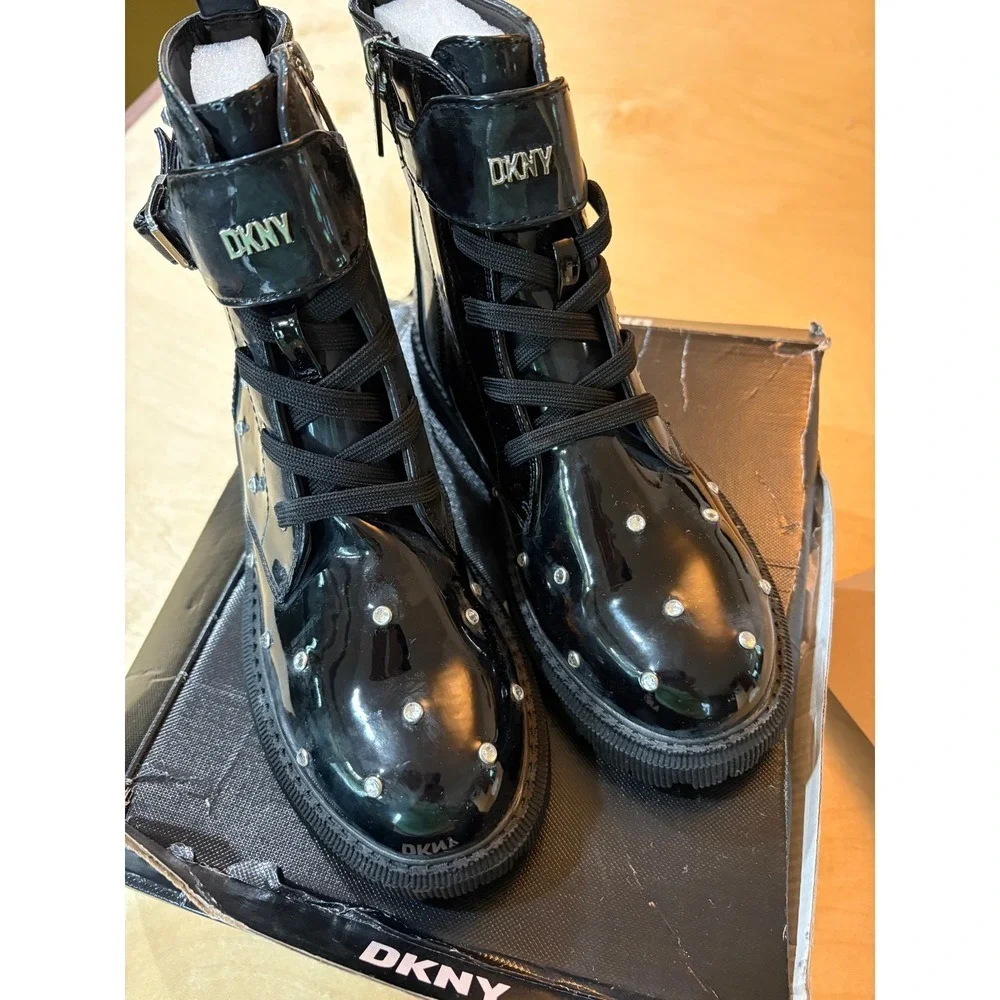 DKNY Big Girls Black Ava Dila Moto Side‎ Zipper Boots NIB Size 5